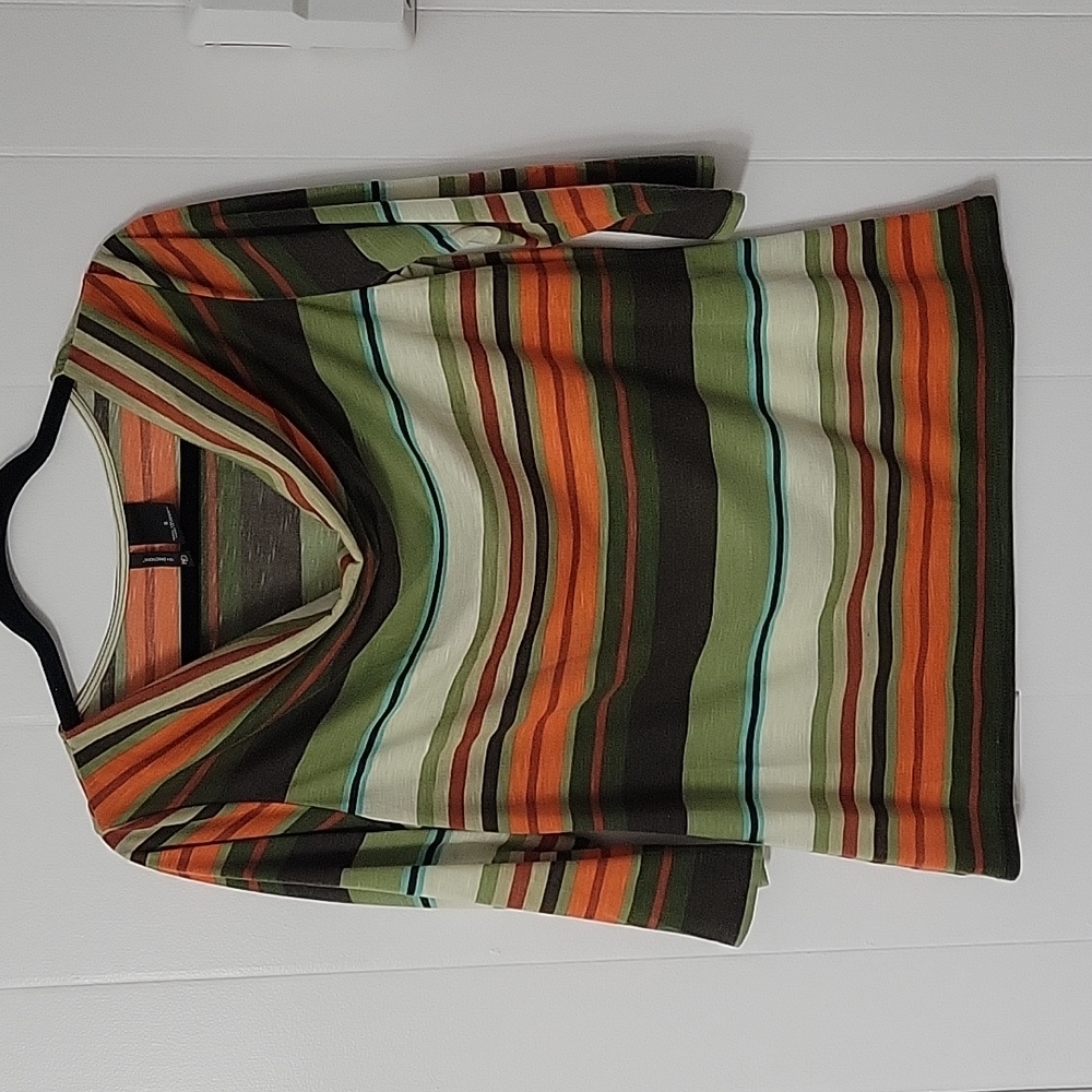 New Directions small horizontal striped rust, orange, green blouse. 3/4 sleeve